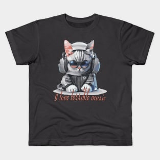 Crazy Cat Listening to Music Cartoon Kids T-Shirt